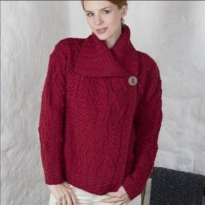 Carraigdonn 100% Merino Wool Fisherman Chunky Knit Red Wrap Sweater L